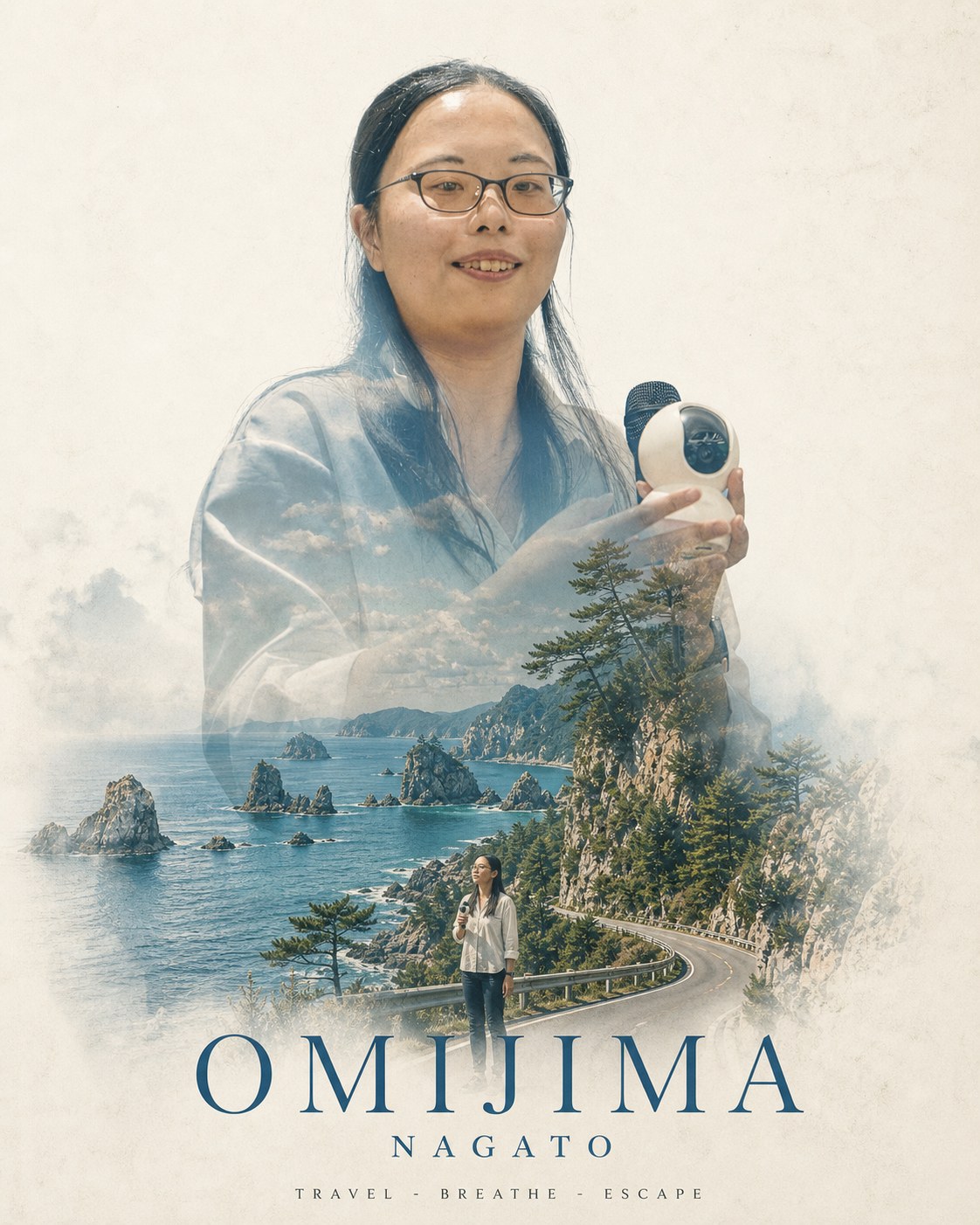 No.04 ヴィンテージ・トラベルポスター(長門版)(青海島の風景+講師のポートレートをAI加工した作例)