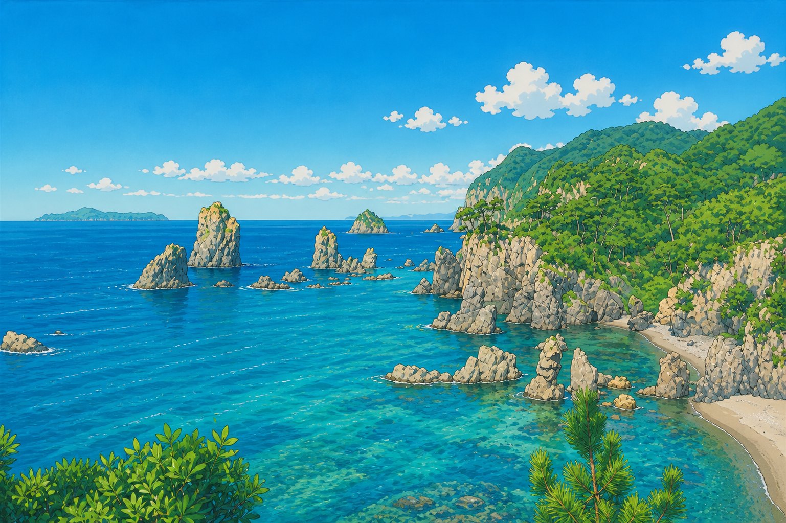 No.09 アニメ映画風イラスト(青海島の風景をAI加工した作例)